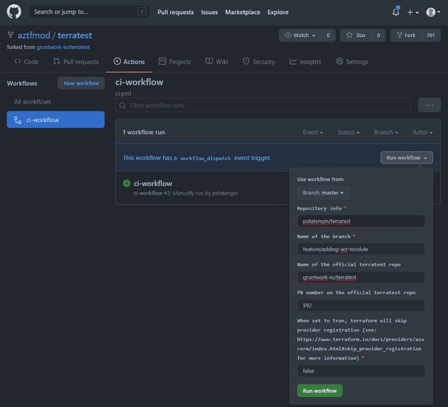 Triggering CI workflow screenshot
